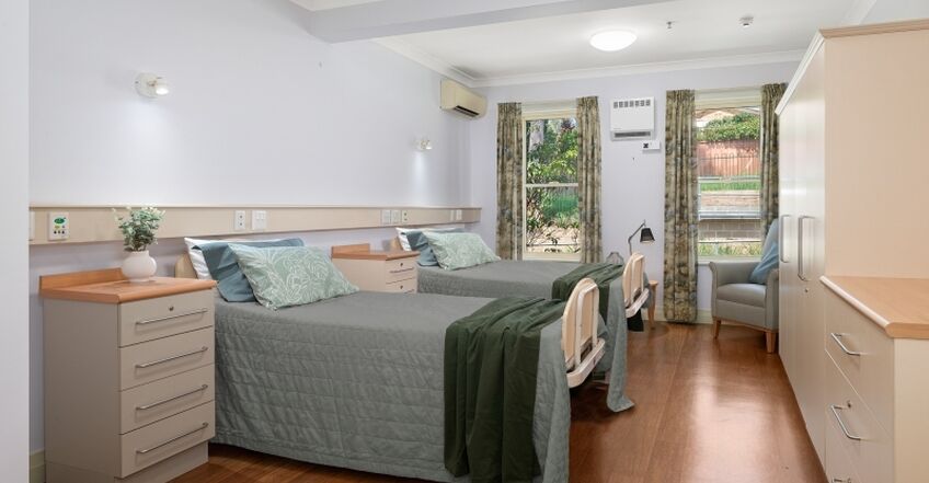 spacious twin room for elderly aged care resident including dementia care in baptistcare warena centre residential aged care home bangor sutherland shire sydney