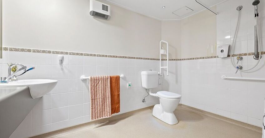 ensuite of spacious single room for elderly aged care resident including dementia care in baptistcare dorothy henderson lodge macquarie park nsw northern sydney residential aged care home