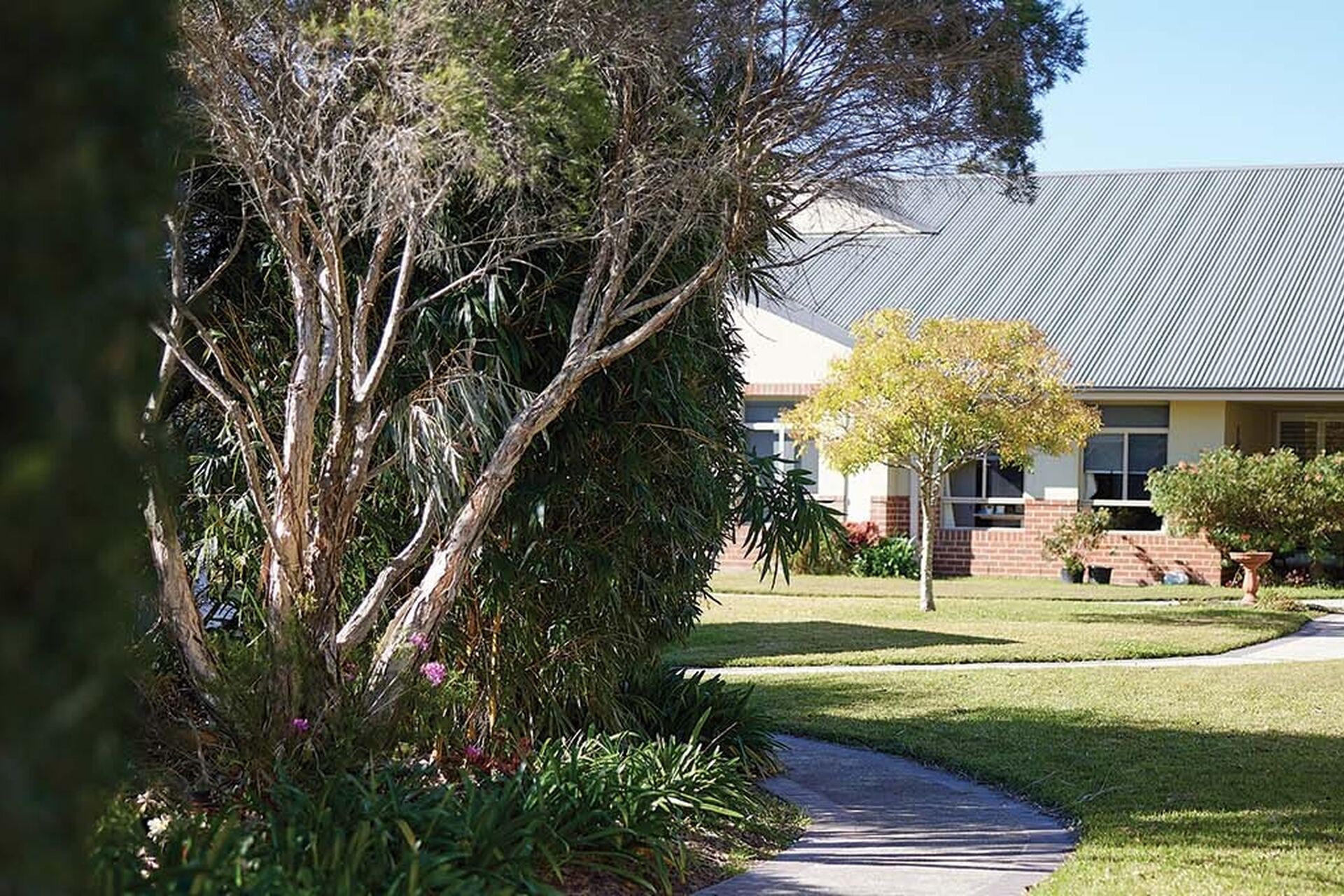 frontage of baptistcare bethshan gardens centre aged care home in wyee nsw lake macquarie with large trees