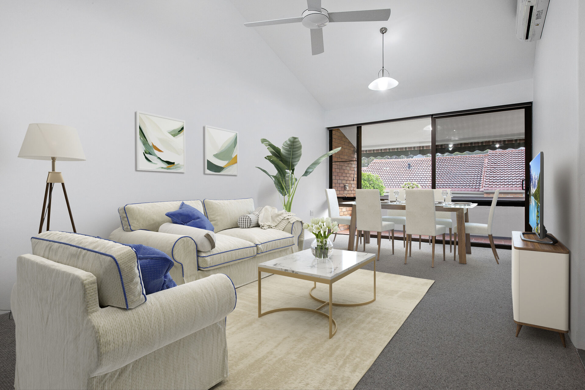 modern furnished lounge room with natural light from large window of retirement village apartment baptistcare aminya village in baulkham hills enabling over 55s to downsize