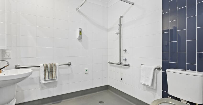 spacious and accessible ensuite in a private room of baptistcare kintyre lodge aged care home in dubbo