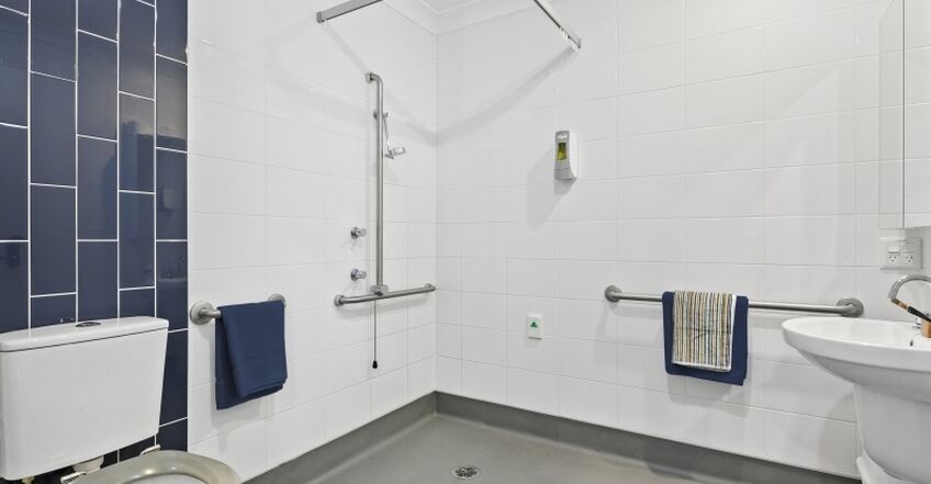 spacious and accessible ensuite in a private room of baptistcare kintyre lodge aged care home in dubbo
