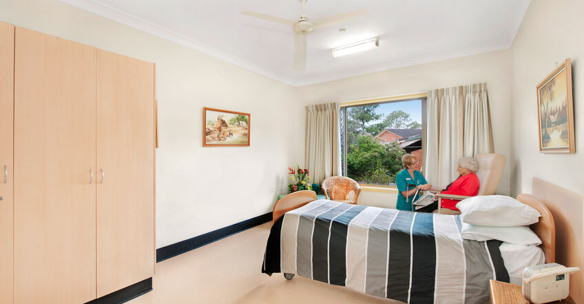spacious single room for elderly aged care resident overlooking gardens in baptistcare mid richmond centre nursing home coraki nsw far north coast