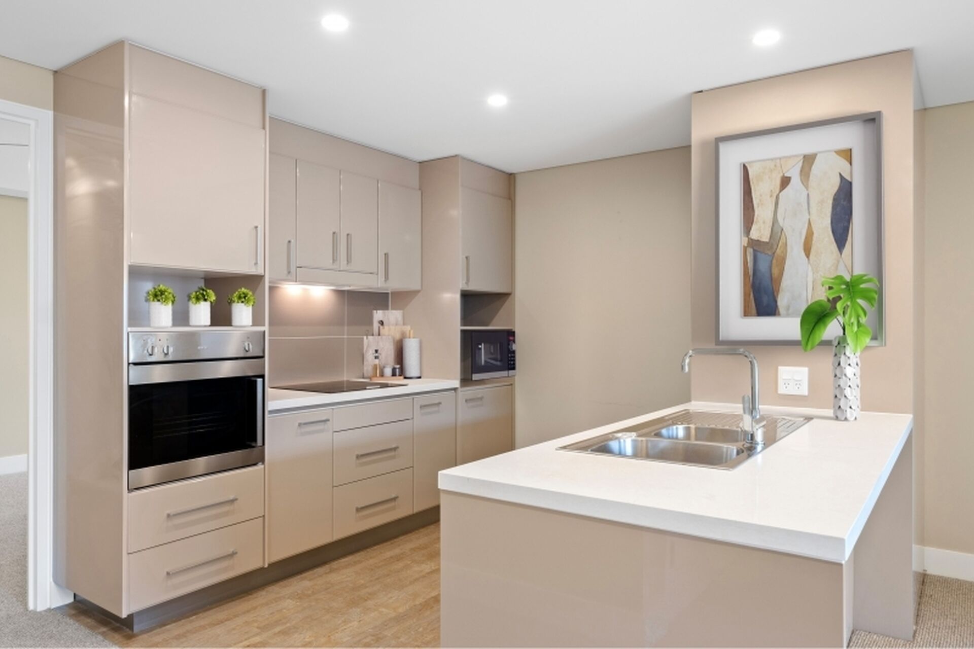 modern kitchen of one bedroom apartment at baptistcare gracewood retirement village in kellyville hills district