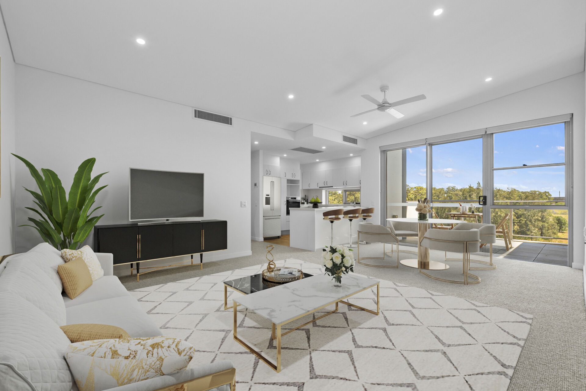 modern furnished spacious lounge room with large windows in baptistcare gracewood village in kellyville hills district