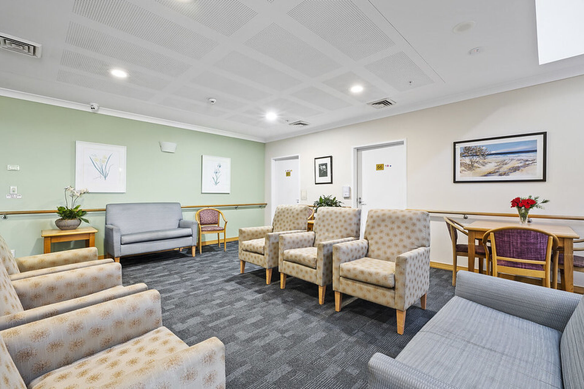 communal sitting space for aged care residents to socialise at baptistcare blue hills manor residential aged care home in prestons nsw