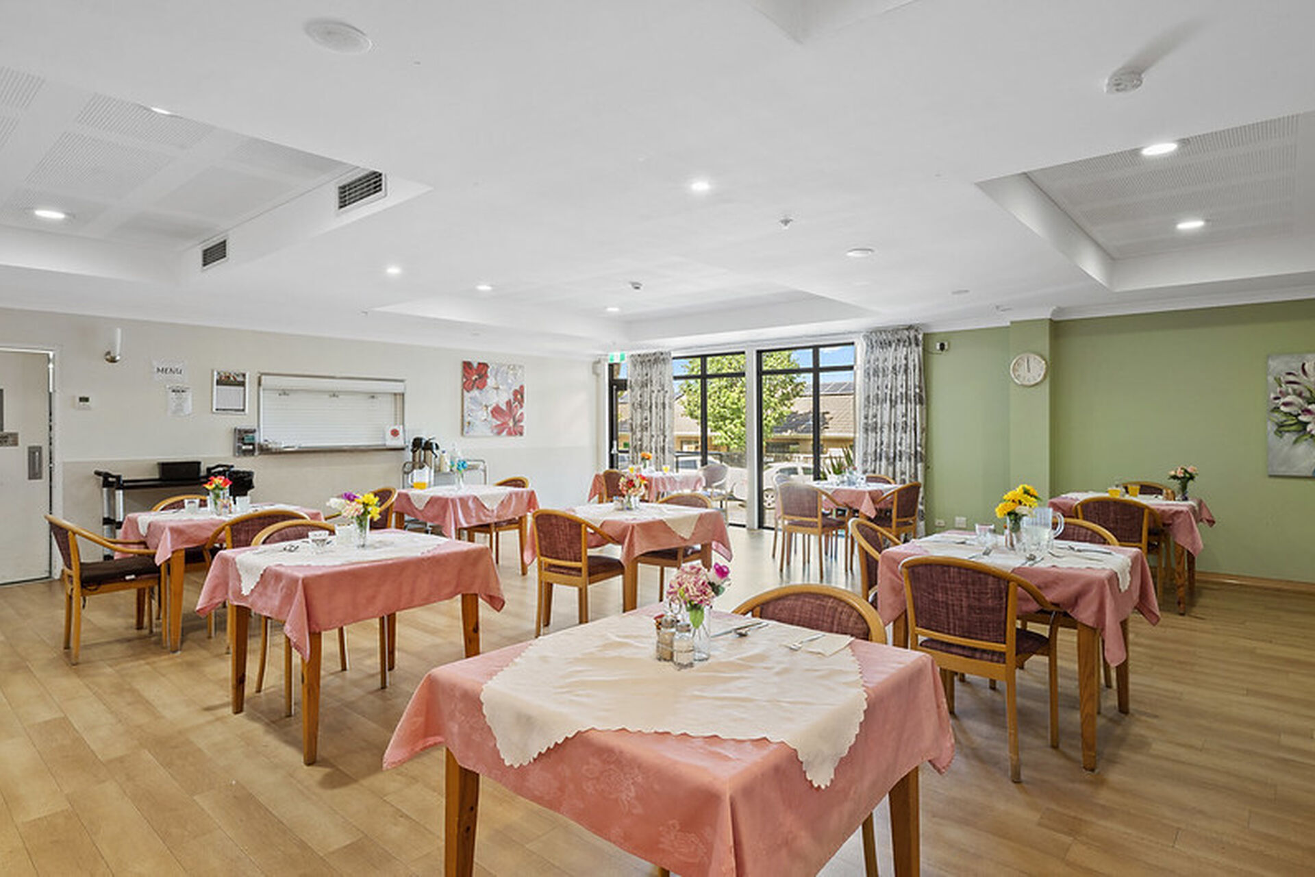 dining room for nursing home residents to enjoy a meal at baptistcare blue hills manor residential aged care home in prestons nsw