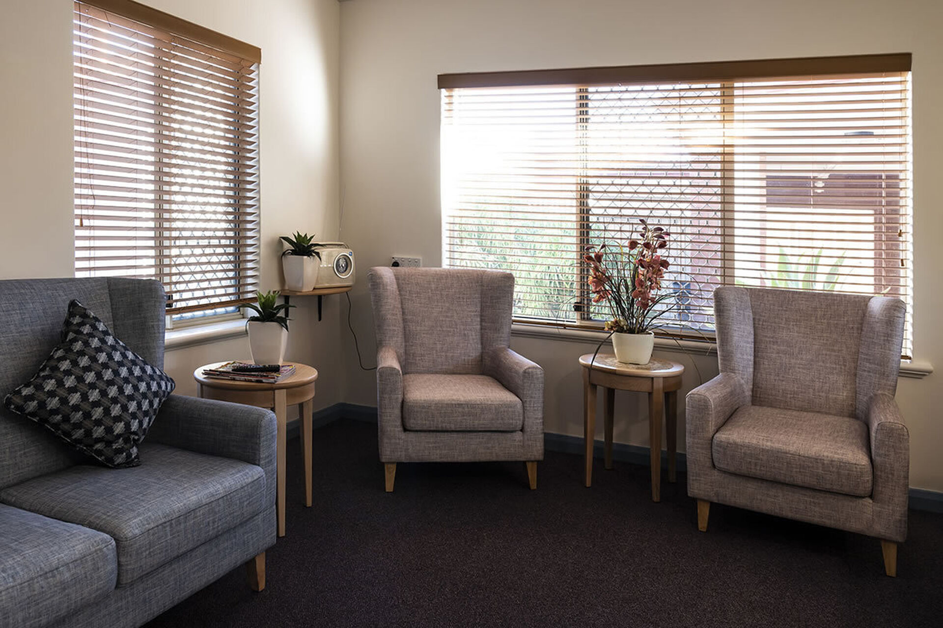 spacious sitting area for nursing home residents at baptistcare gracehaven aged care home in rockingham wa