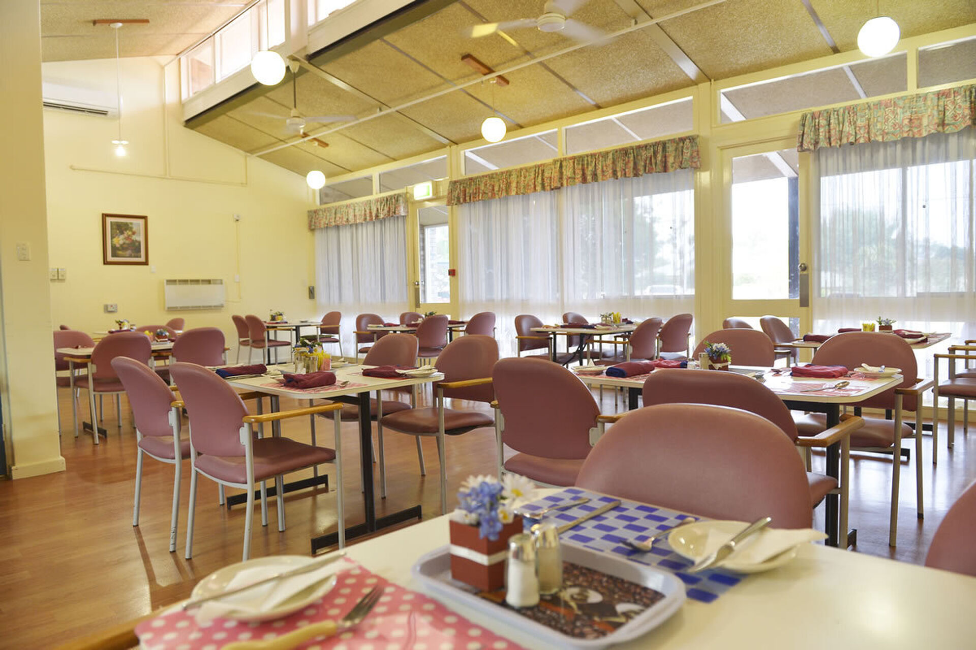 modern communal dining room for nursing home residents to be served fresh meals at baptistcare moonya aged care home in manjimup wa