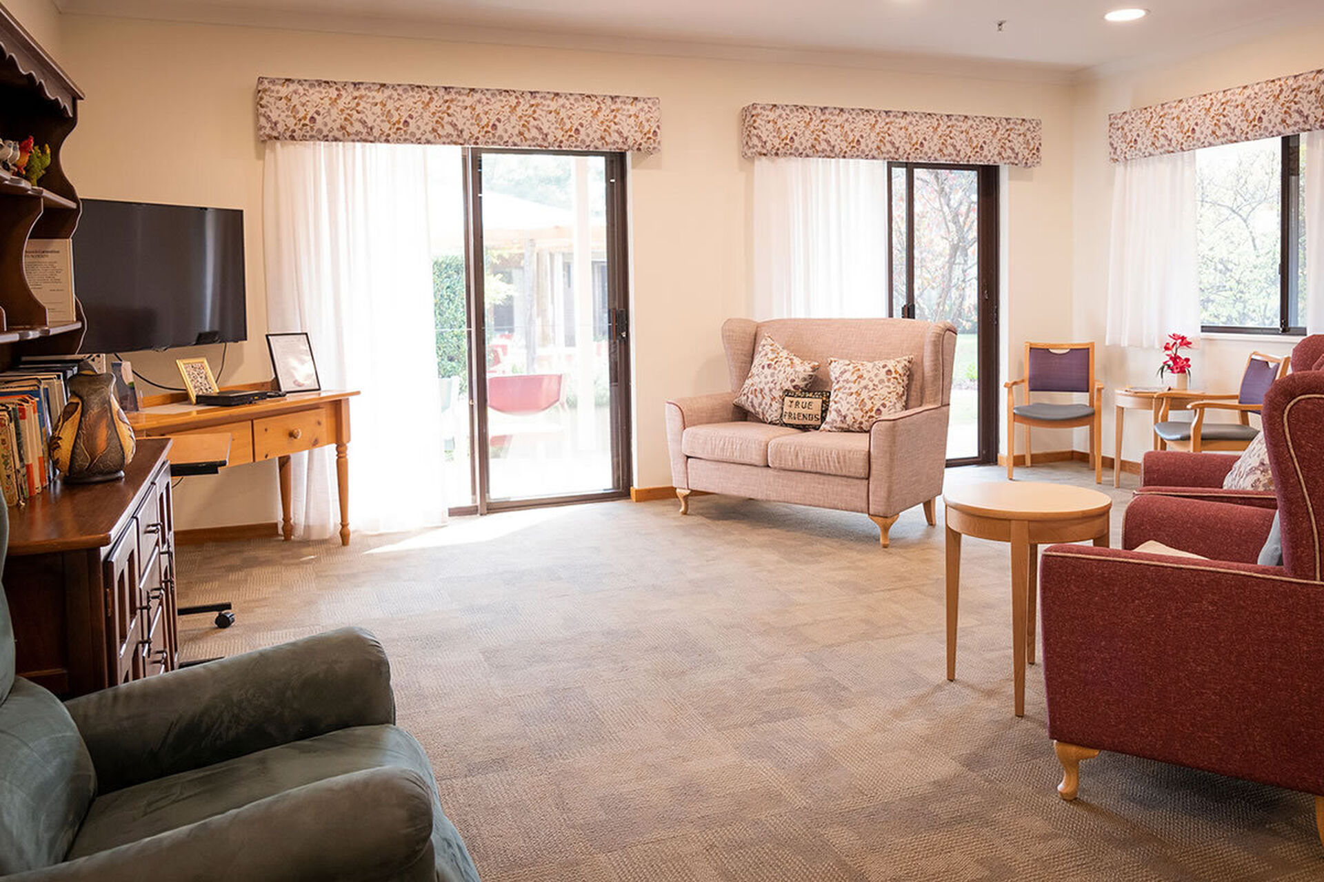 spacious sitting area for nursing home residents at baptistcare yallambee aged care home in mundaring wa