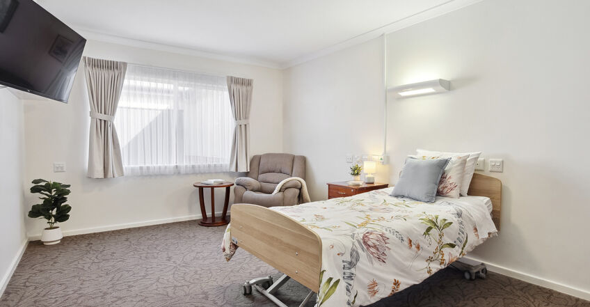 spacious single room and private ensuite for elderly aged care resident including dementia care at baptistcare balladong gardens aged care home in york wa