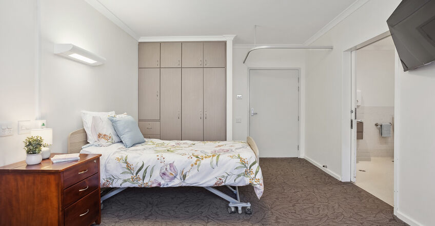 spacious single room and private ensuite for elderly aged care resident including dementia care at baptistcare balladong gardens aged care home in york wa