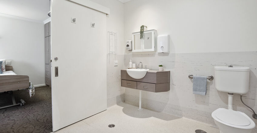 private ensuite for elderly aged care resident including dementia care at baptistcare balladong gardens aged care home in york wa