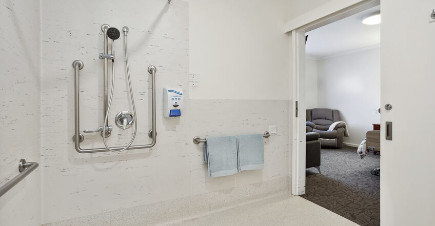 private ensuite for elderly aged care resident including dementia care at baptistcare balladong gardens aged care home in york wa