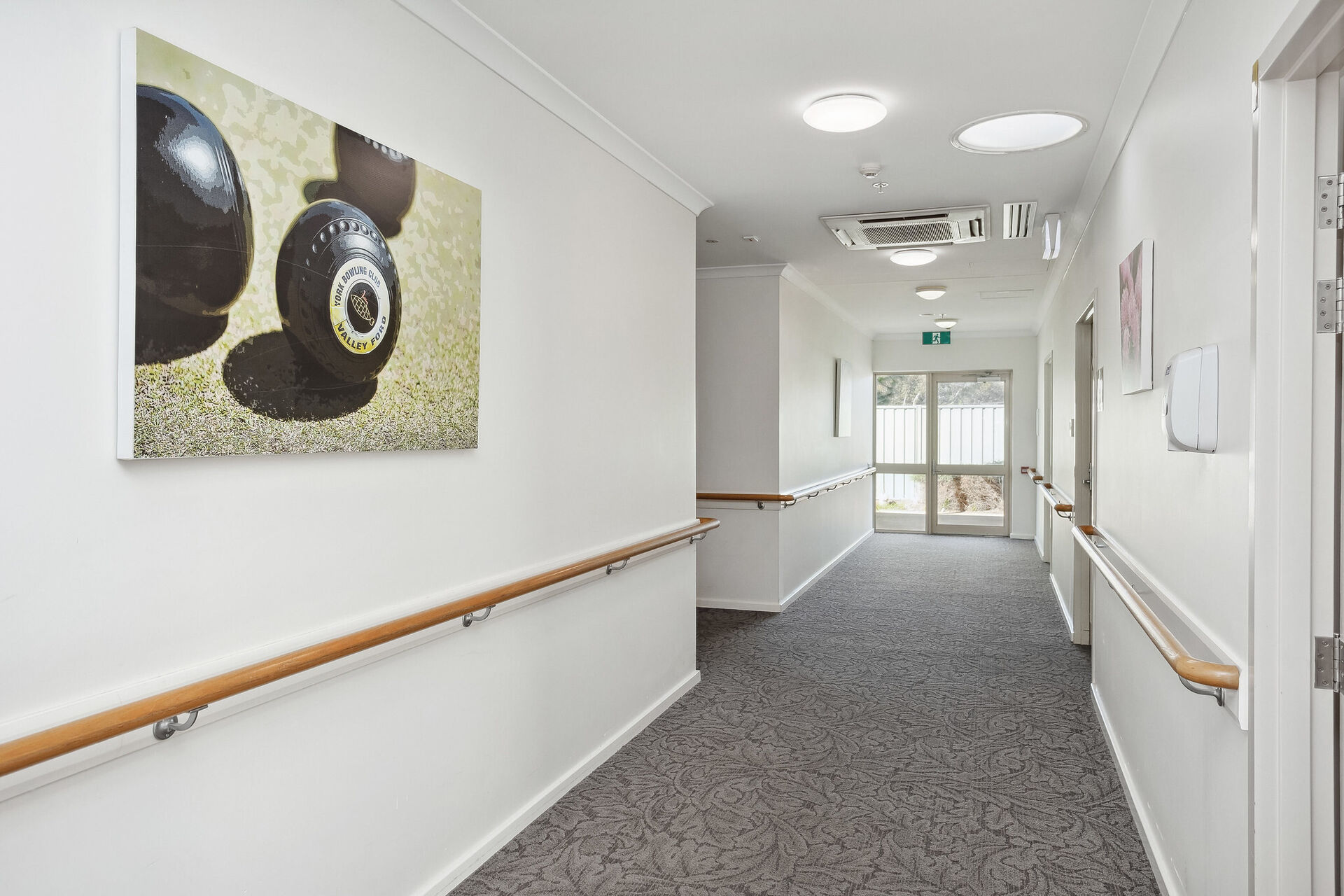 modern hallway for nursing home residents at baptistcare balladong gardens aged care home in york wa