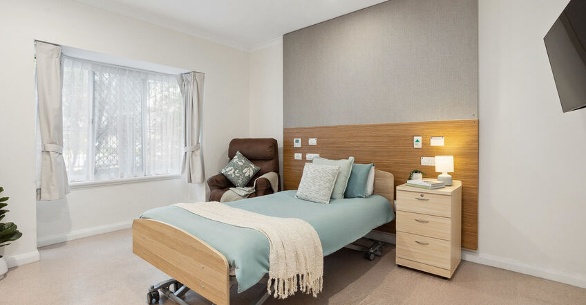 spacious single room and private ensuite for elderly aged care resident including dementia care at baptistcare gracehaven nursing home in rockingham wa