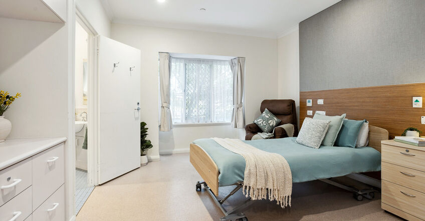 spacious single room and private ensuite for elderly aged care resident including dementia care at baptistcare gracehaven nursing home in rockingham wa