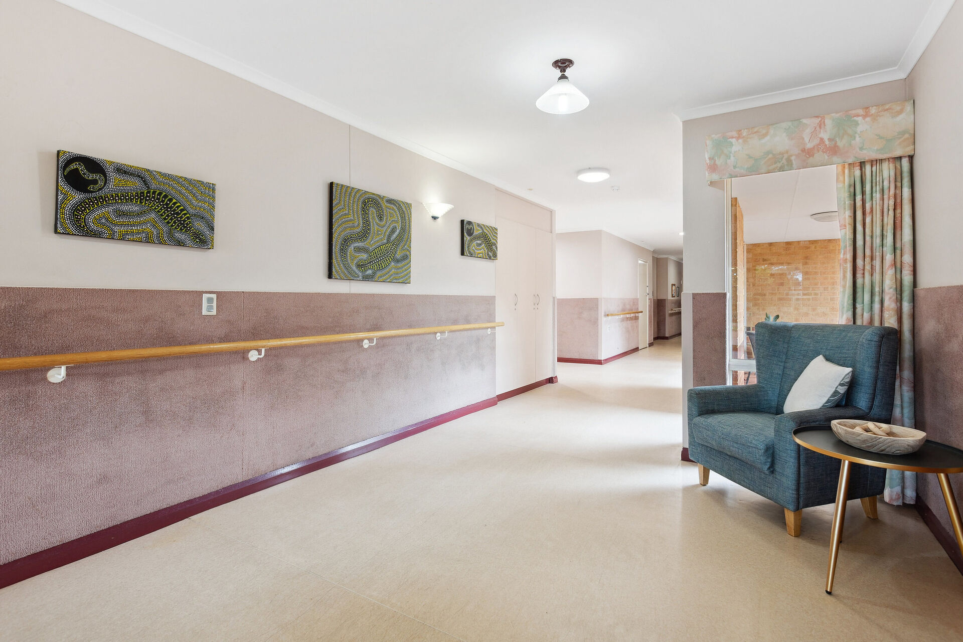 light filled walkway at baptistcare kalkarni nursing home brookton wa for elderly aged care residents