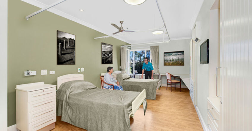 large twin room for elderly aged care resident including dementia care in baptistcare kularoo centre residential aged care home in forster nsw