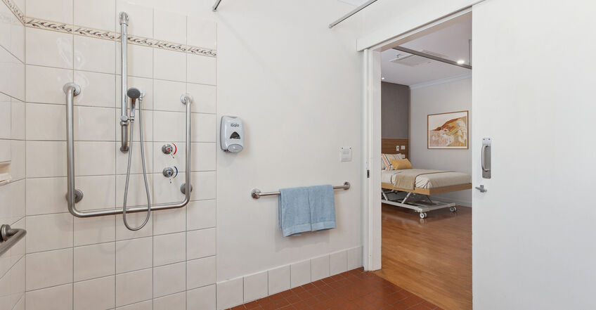 shared ensuite for elderly aged care resident including dementia care at baptistcare mirrambeena aged care home in margaret river wa