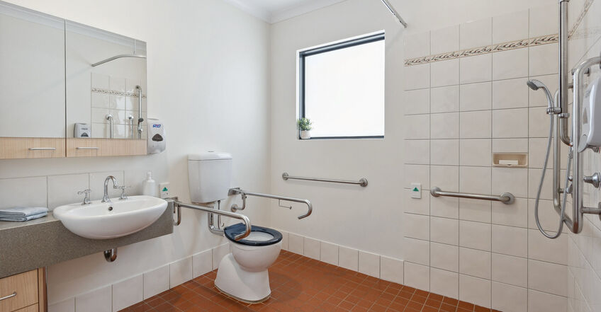 shared ensuite for elderly aged care resident including dementia care at baptistcare mirrambeena aged care home in margaret river wa