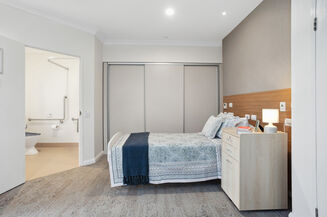 spacious single room and private ensuite for elderly aged care resident including dementia care at baptistcare william carey court aged care home in busselton wa