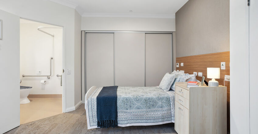 spacious single room and private ensuite for elderly aged care resident at baptistcare william carey court aged care home in busselton wa