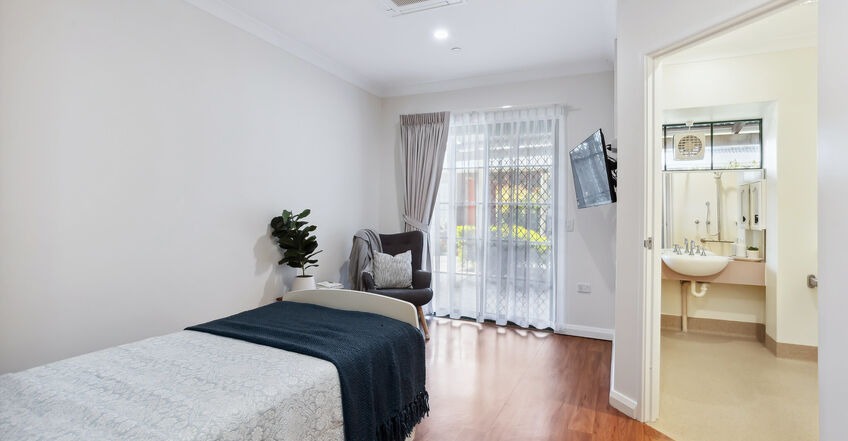 spacious single room and private ensuite for elderly aged care resident including dementia care at baptistcare william carey court aged care home in busselton wa