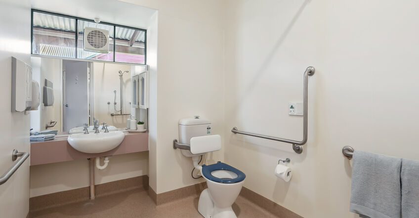 spacious single room and private ensuite for elderly aged care resident including dementia care at baptistcare william carey court aged care home in busselton wa