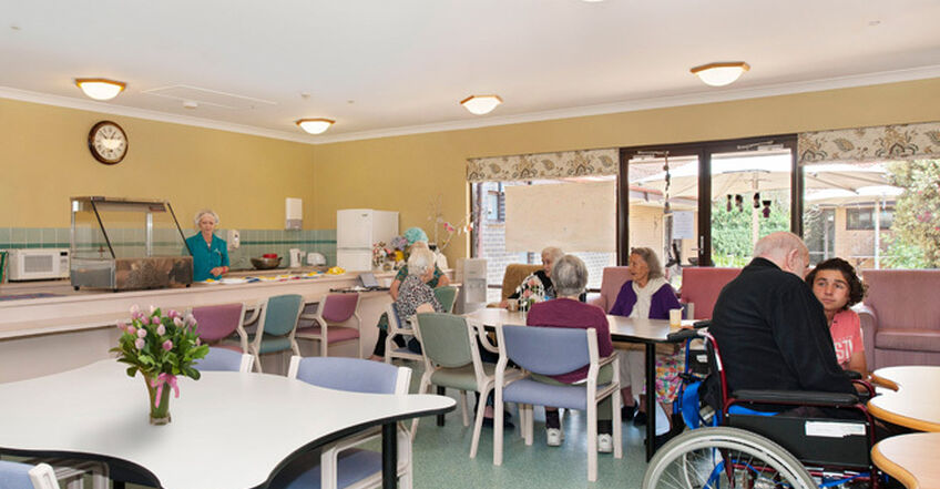 dining room for elderly aged care residents at baptistcare caloola centre residential aged care home