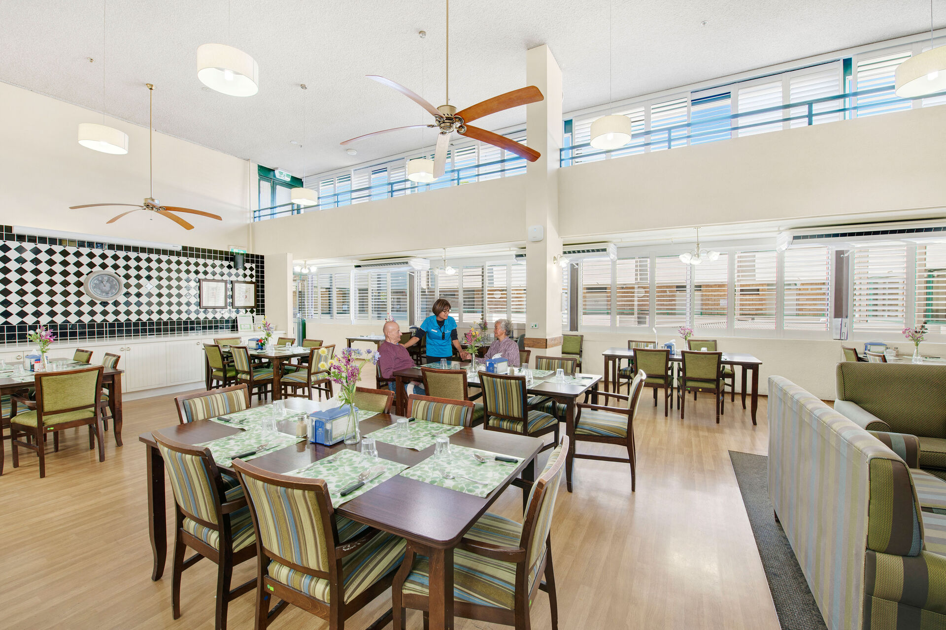 large dining room serving fresh meals at baptistcare cooinda court residential aged care home in macquarie park