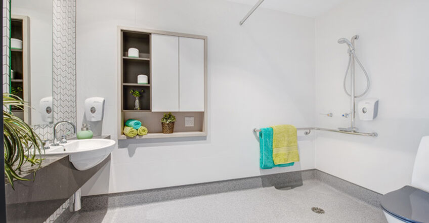 spacious ensuite for companion room for elderly aged care resident including dementia care in baptistcare gracewood centre residential aged care home in kellyville hills district