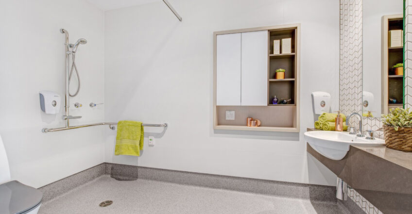 spacious modern ensuite for elderly aged care resident including dementia care in baptistcare gracewood centre residential aged care home in kellyville hills district