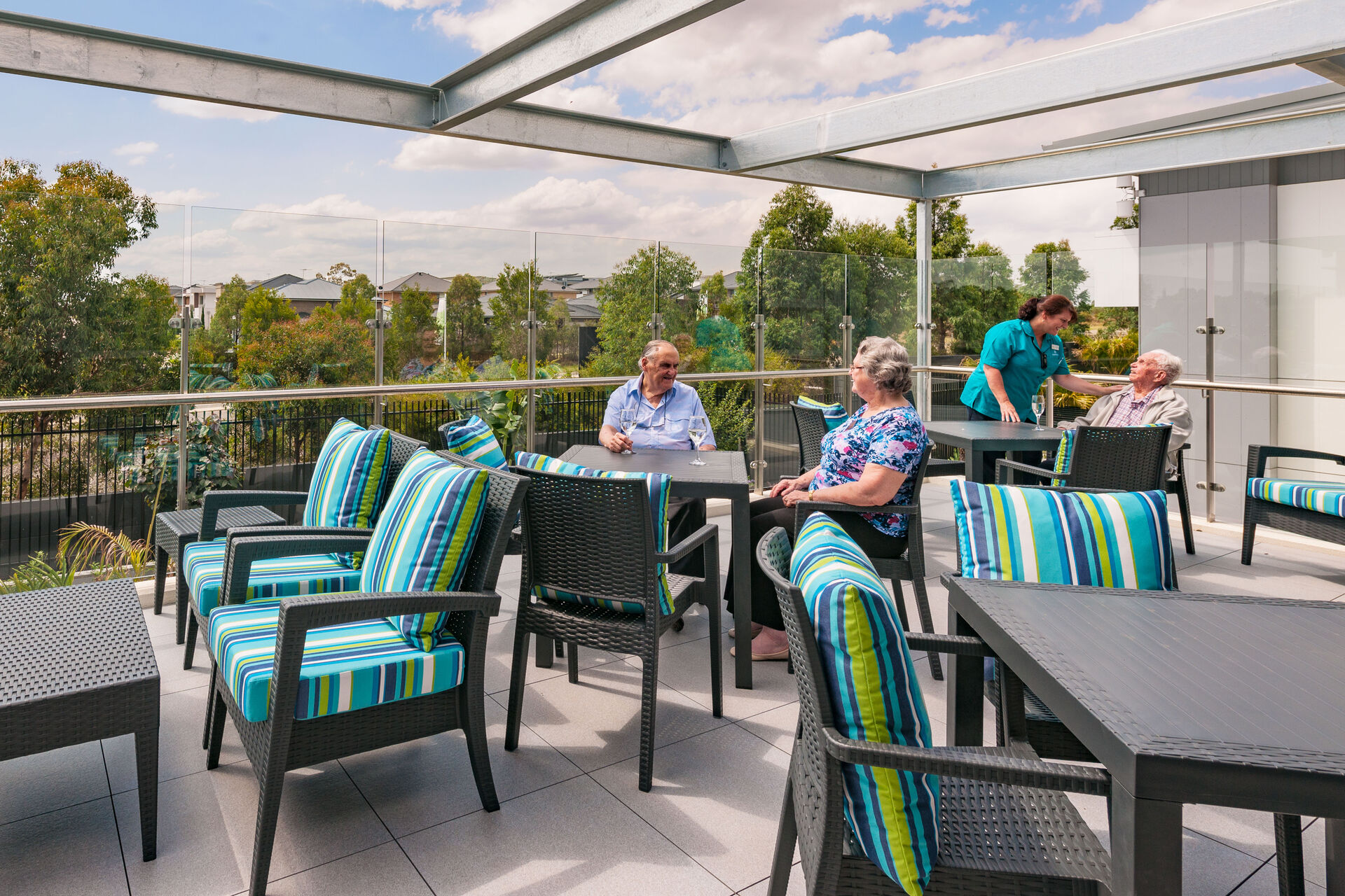 modern and spacious outdoor alfresco balcony for the aged care residents to relax at gracewood aged care home nursing home in kellyville hills district