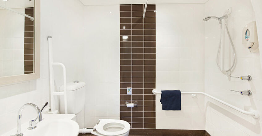 ensuite at spacious single room for elderly aged care resident including dementia care in baptistcare warena centre residential aged care home bangor sutherland shire sydney
