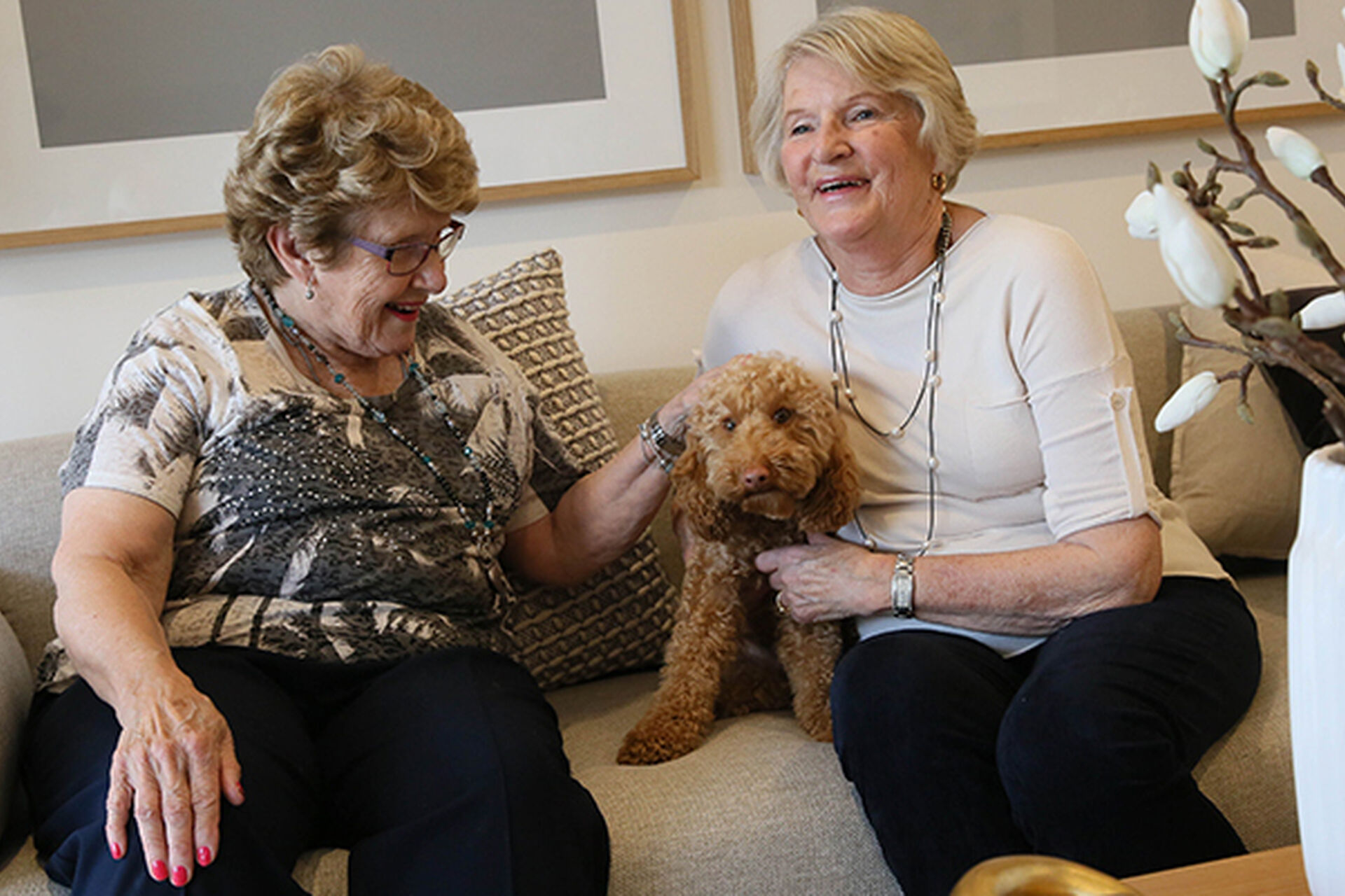 residents sitting on the couch with their dog in the apartment at baptistcare gracewood retirement village in kellyville hills district