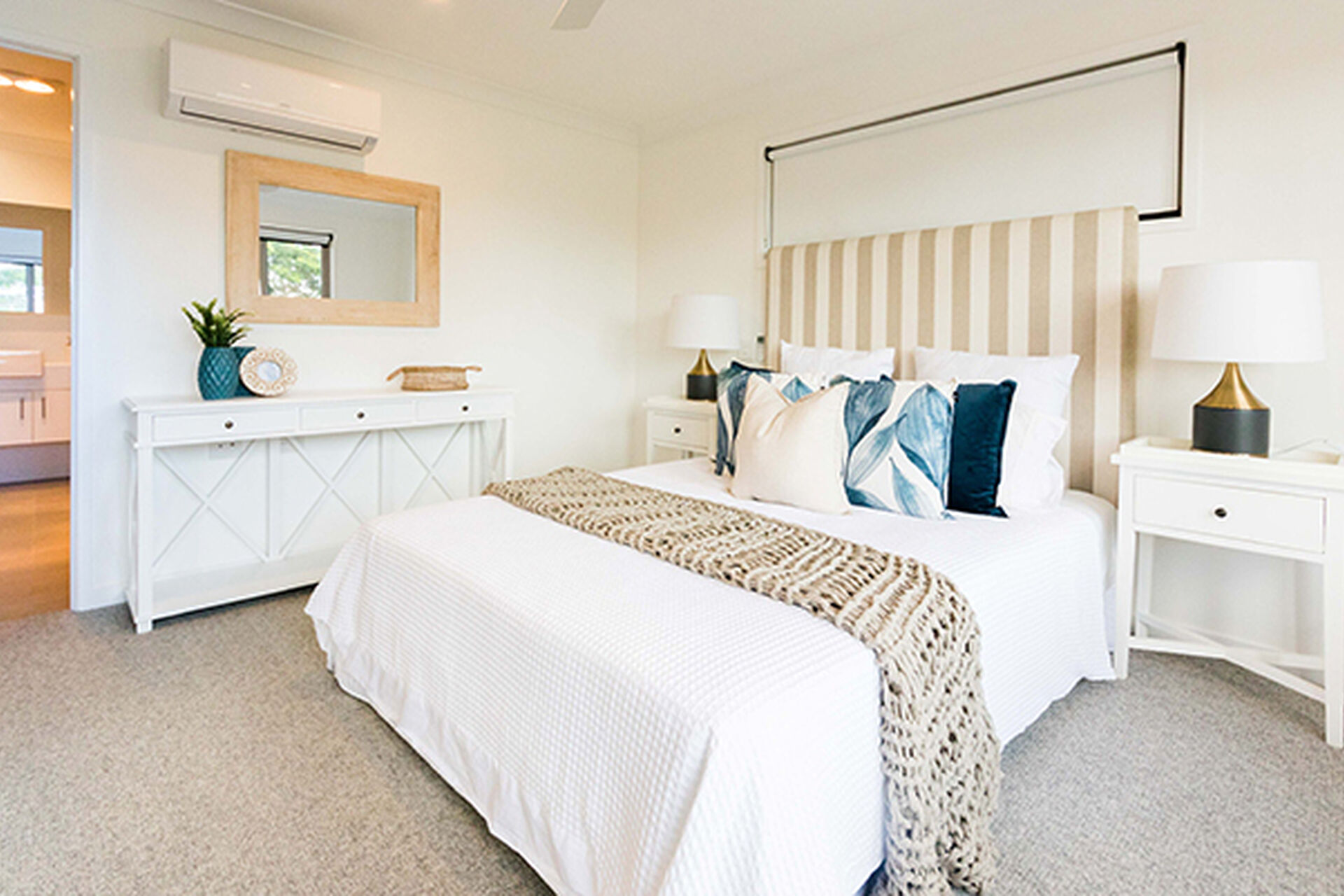 modern furnished bedroom of retirement village apartment with ensuite baptistcare maranoa village in alstonville allowing over 55s to downsizing opportunities