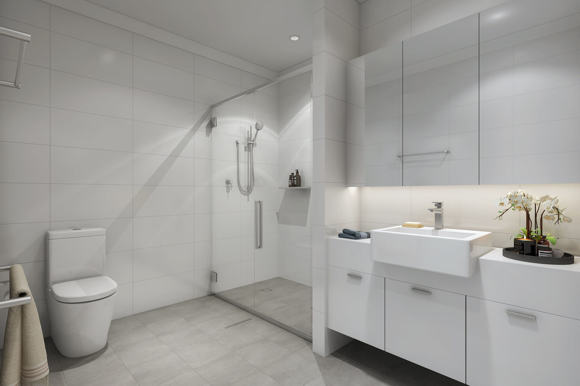 modern bathroom of retirement village apartment with floor to ceiling white tiles baptistcare maranoa village in alstonville allowing over 55s to downsizing opportunities