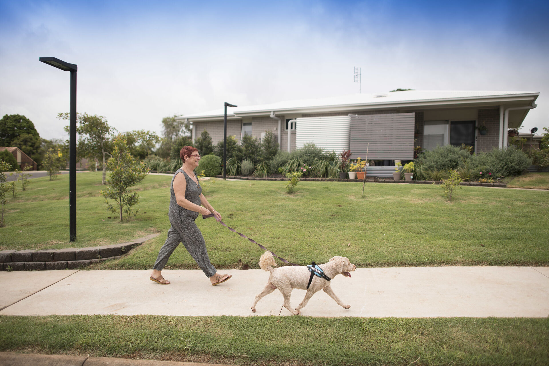 a lady walking her dog through the maranoa village retirement village community gardens baptistcare maranoa village in alstonville allowing over 55s to downsizing opportunities