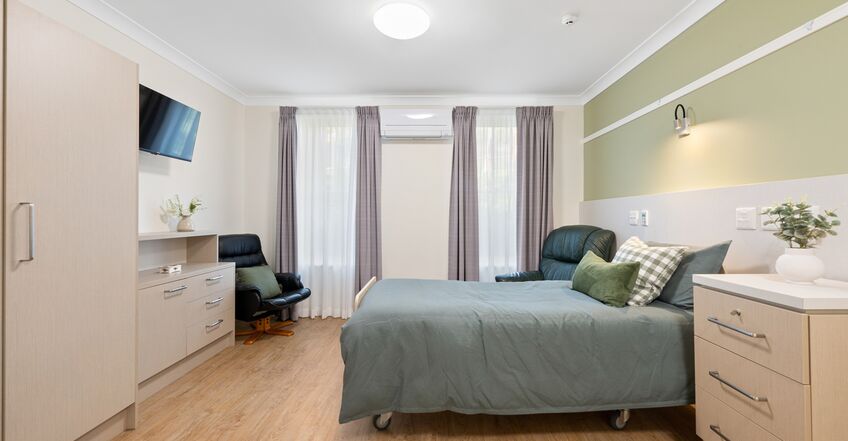 All rooms contain curtains, carpeted/ vinyl floor, heaters, remote controlled beds, built in wardrobes, bedside tables, TV and phone connection points and an emergency call bell/ pendant.