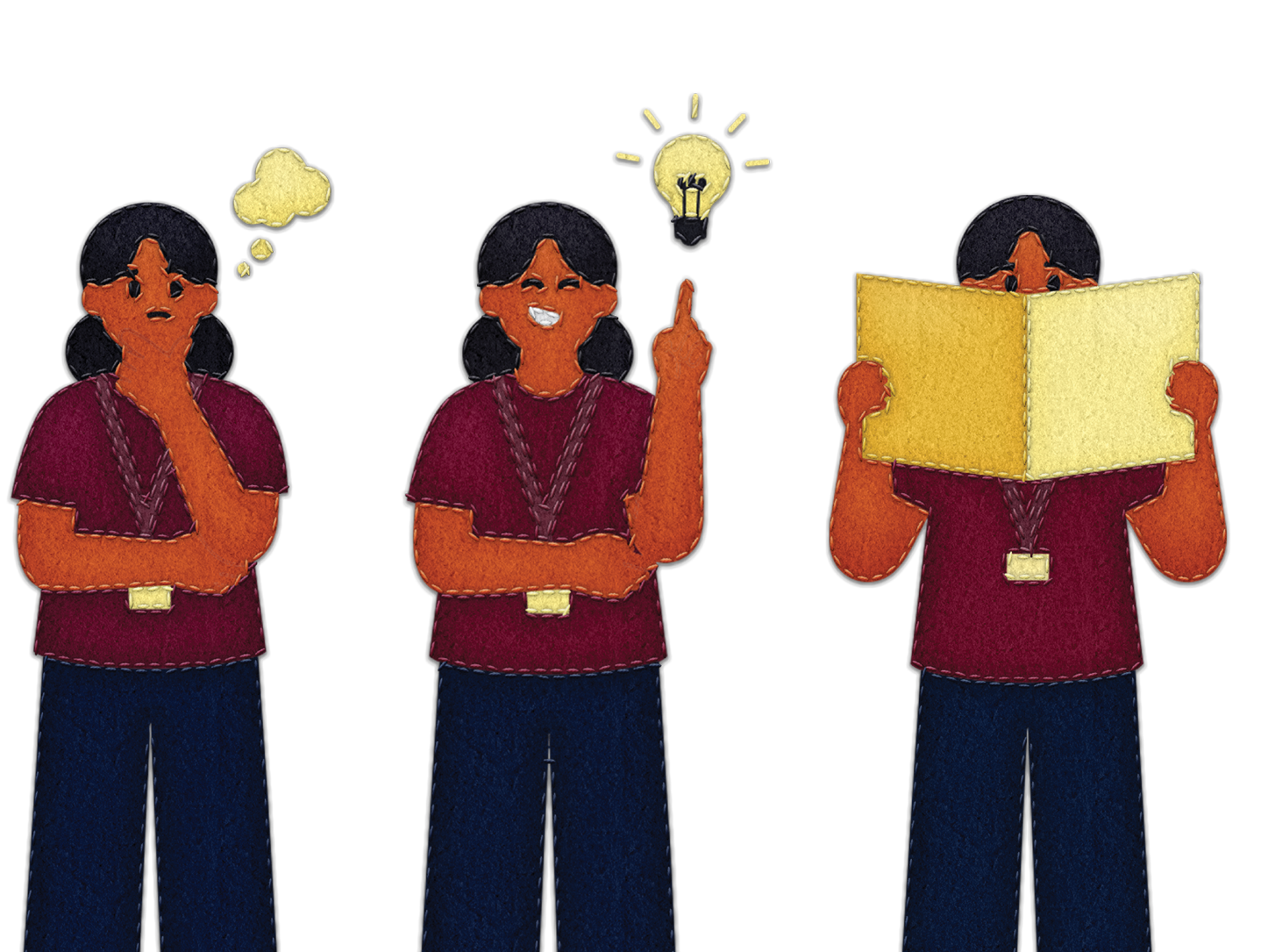 Illustration of a girl thinking, having an idea and consulting the guide
